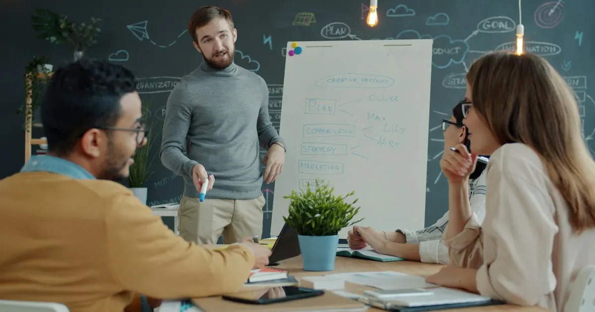 Small business team working through priorities on a whiteboard