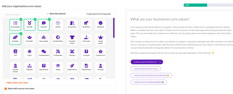 The Empiraa core values picker, a grid of values such as accountability and be helpful with four of the four to eight required selected, beside example lists for startups, scale ups and consultancies.