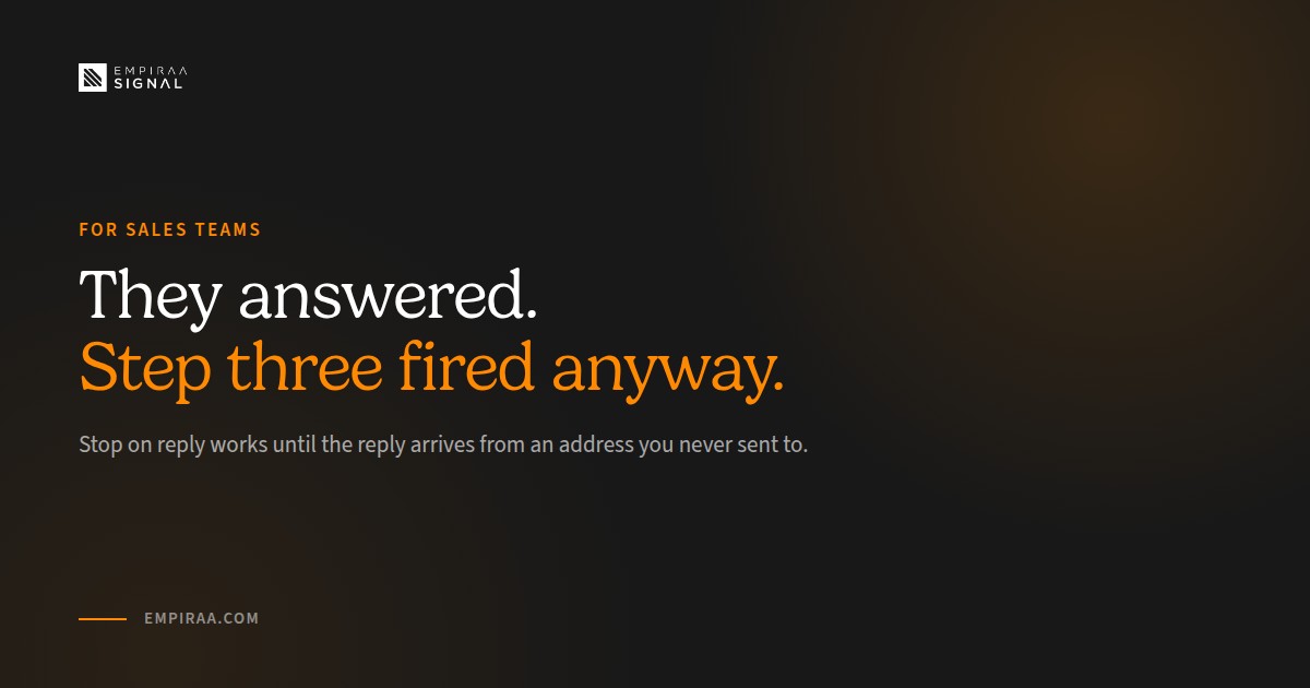 A follow-up sequence still sending after a prospect replied from another email address