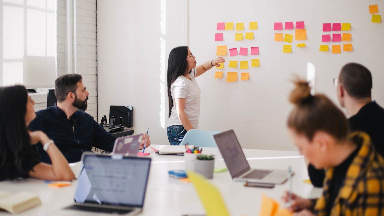 A business team reviewing their strategic plan on a whiteboard in a meeting room