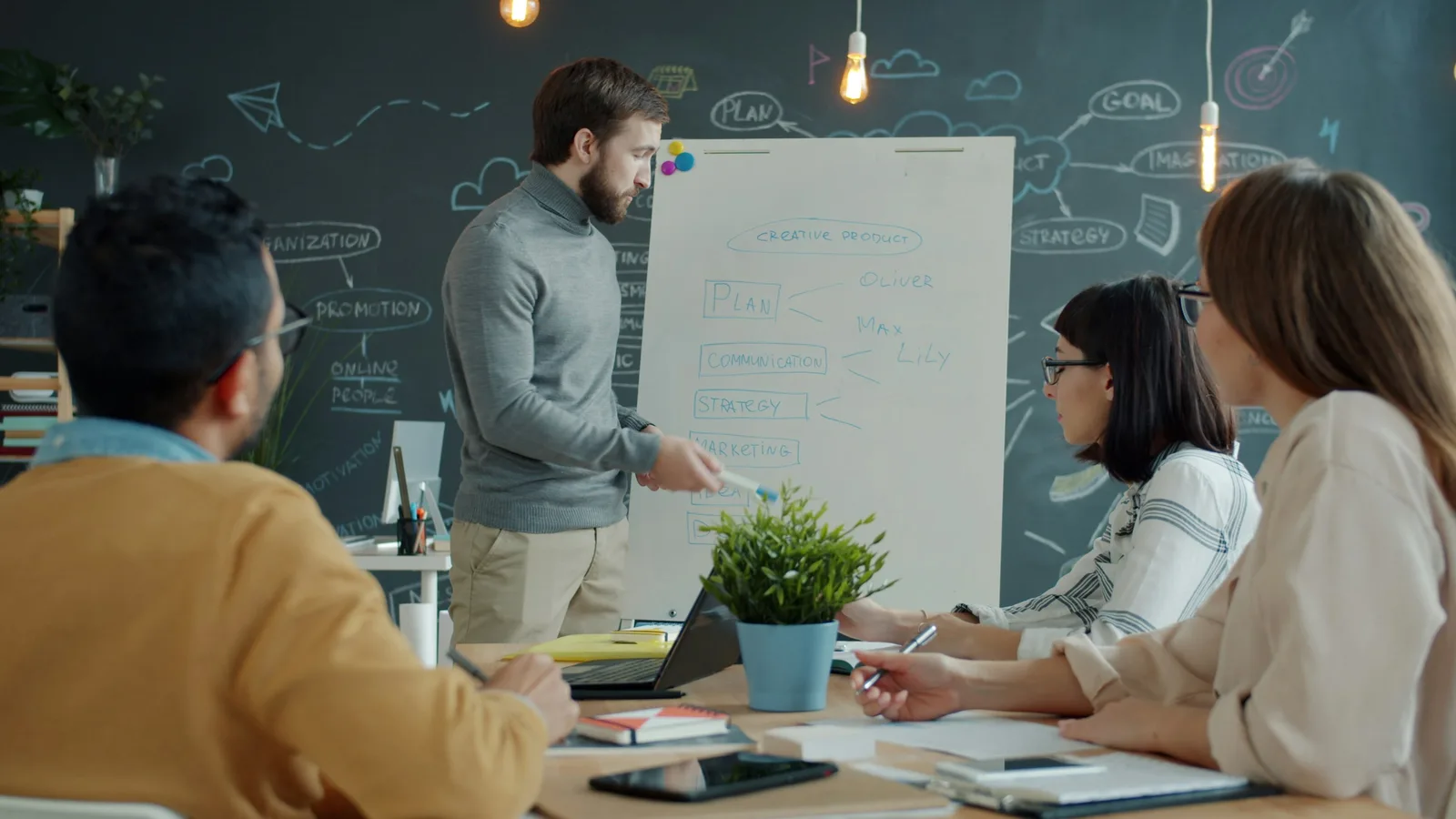 Small business team reviewing quarterly priorities on a whiteboard