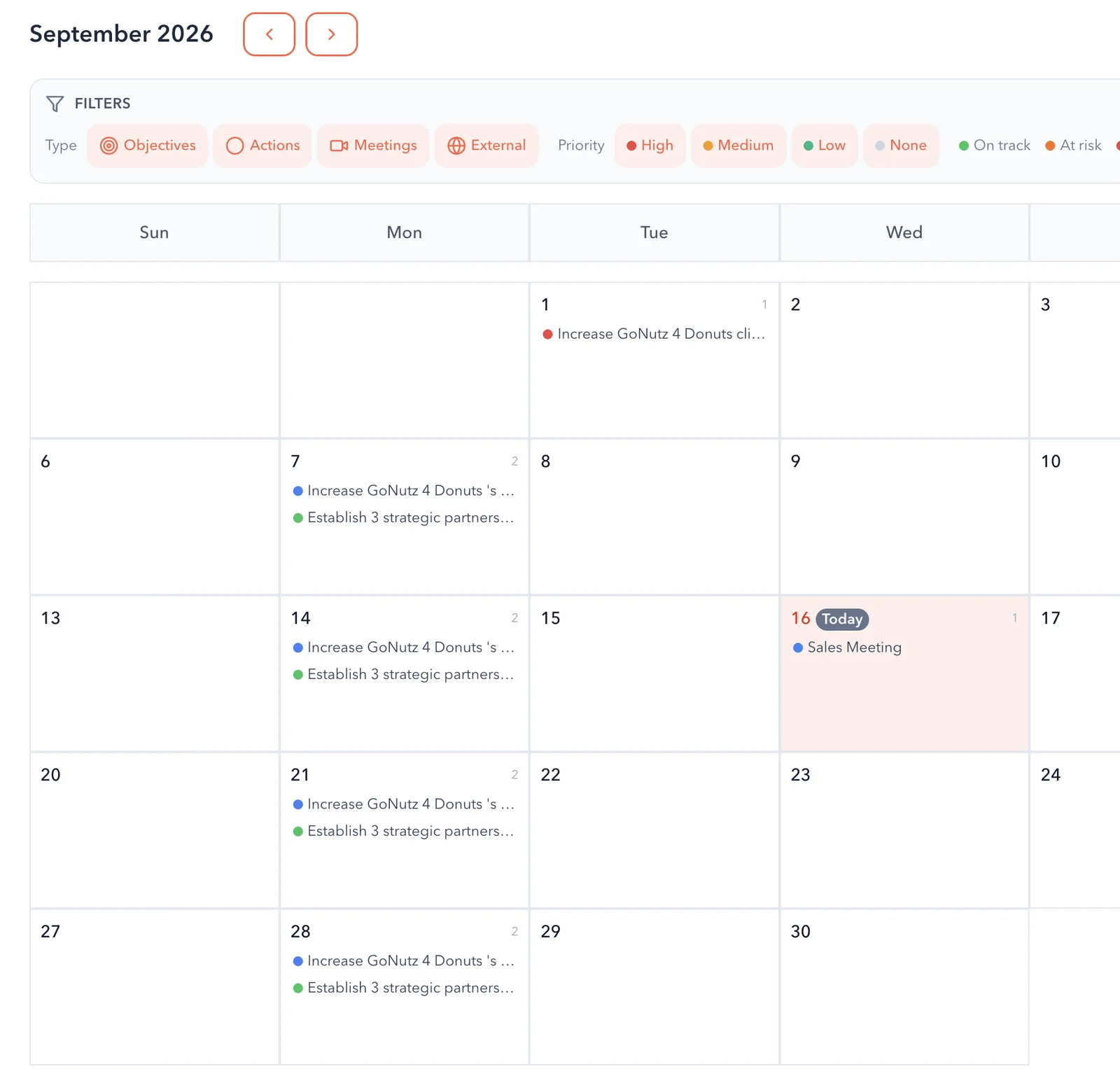 The Empiraa GPS calendar showing objectives, actions and meetings by day, with filters for type, priority and status