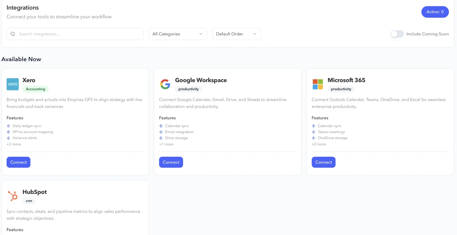 The Empiraa GPS integrations page with Xero, Google Workspace, Microsoft 365 and HubSpot