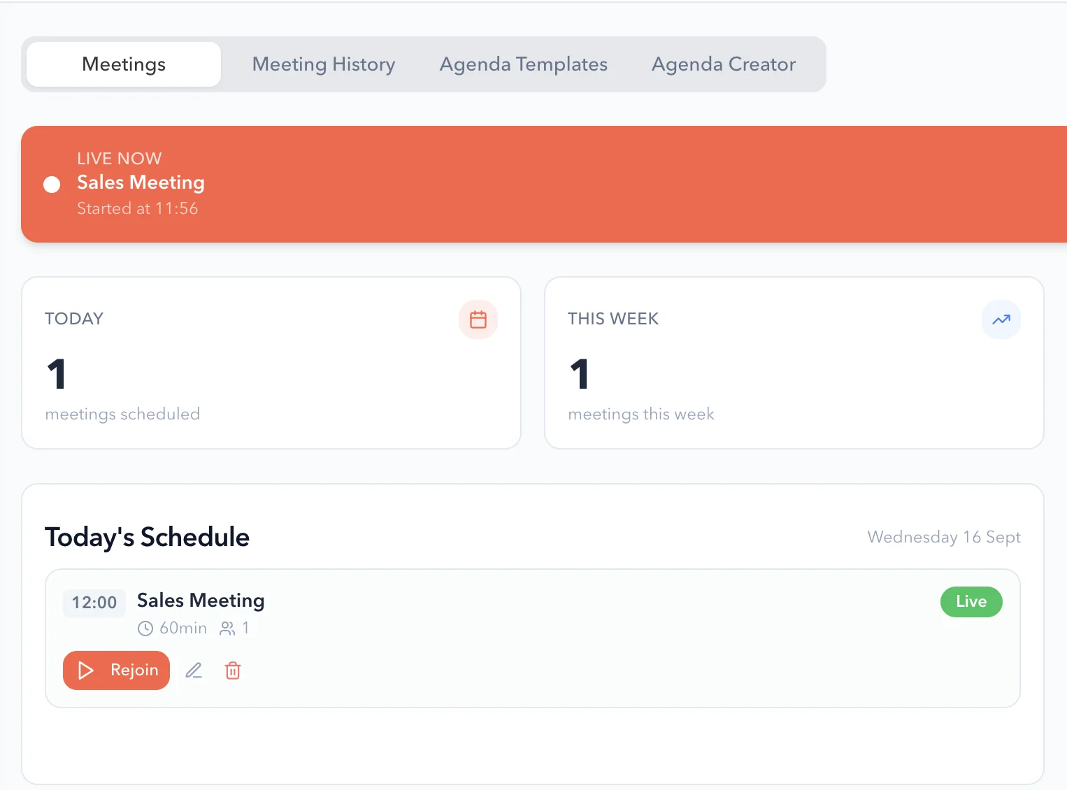 The Empiraa GPS meetings screen with a live meeting, today’s schedule and tabs for history, agenda templates and the agenda creator