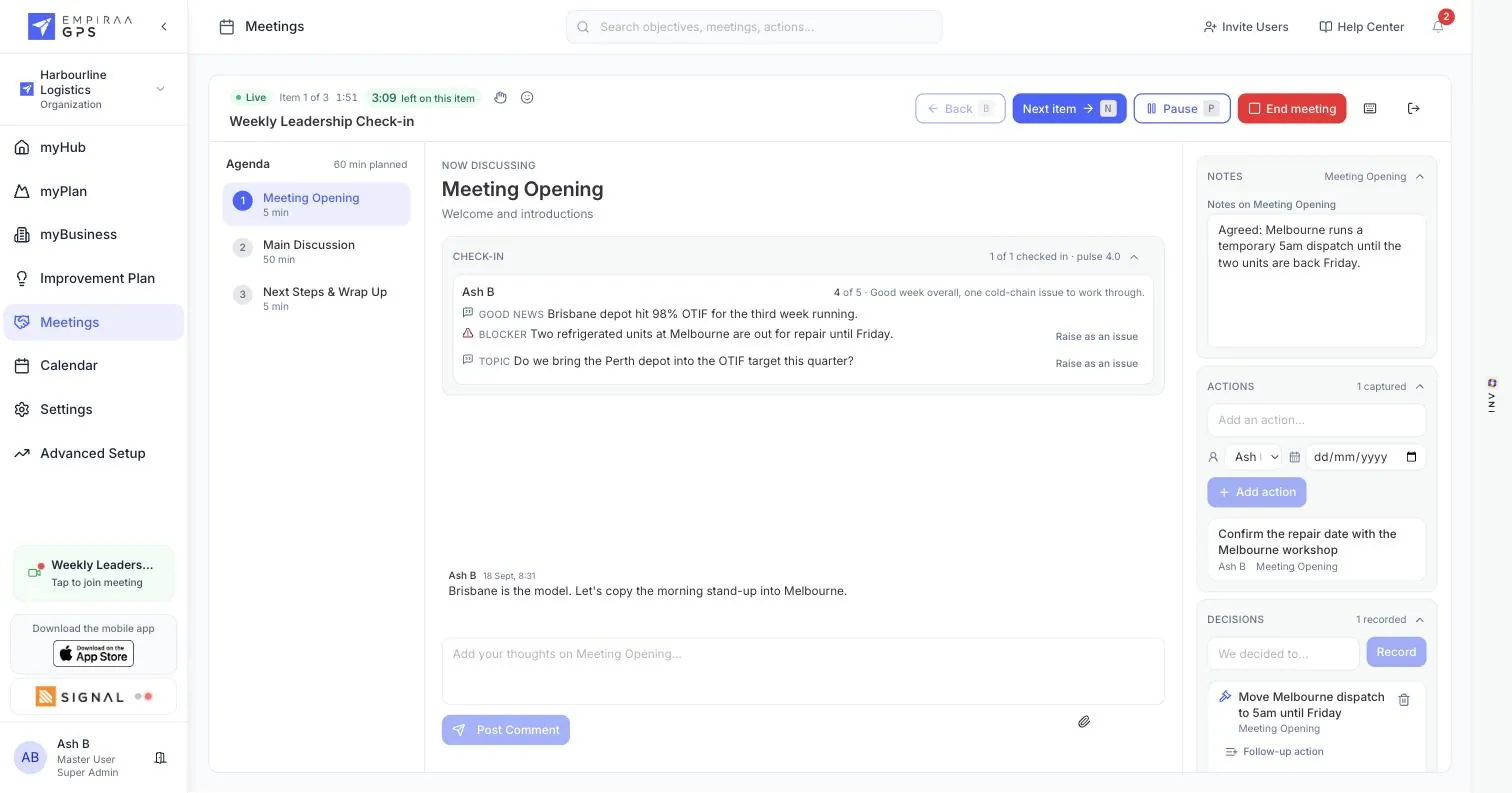 A live meeting in Empiraa GPS with the timed agenda on the left, the check-in rolled up under the item being discussed, and notes, actions and decisions captured on the right
