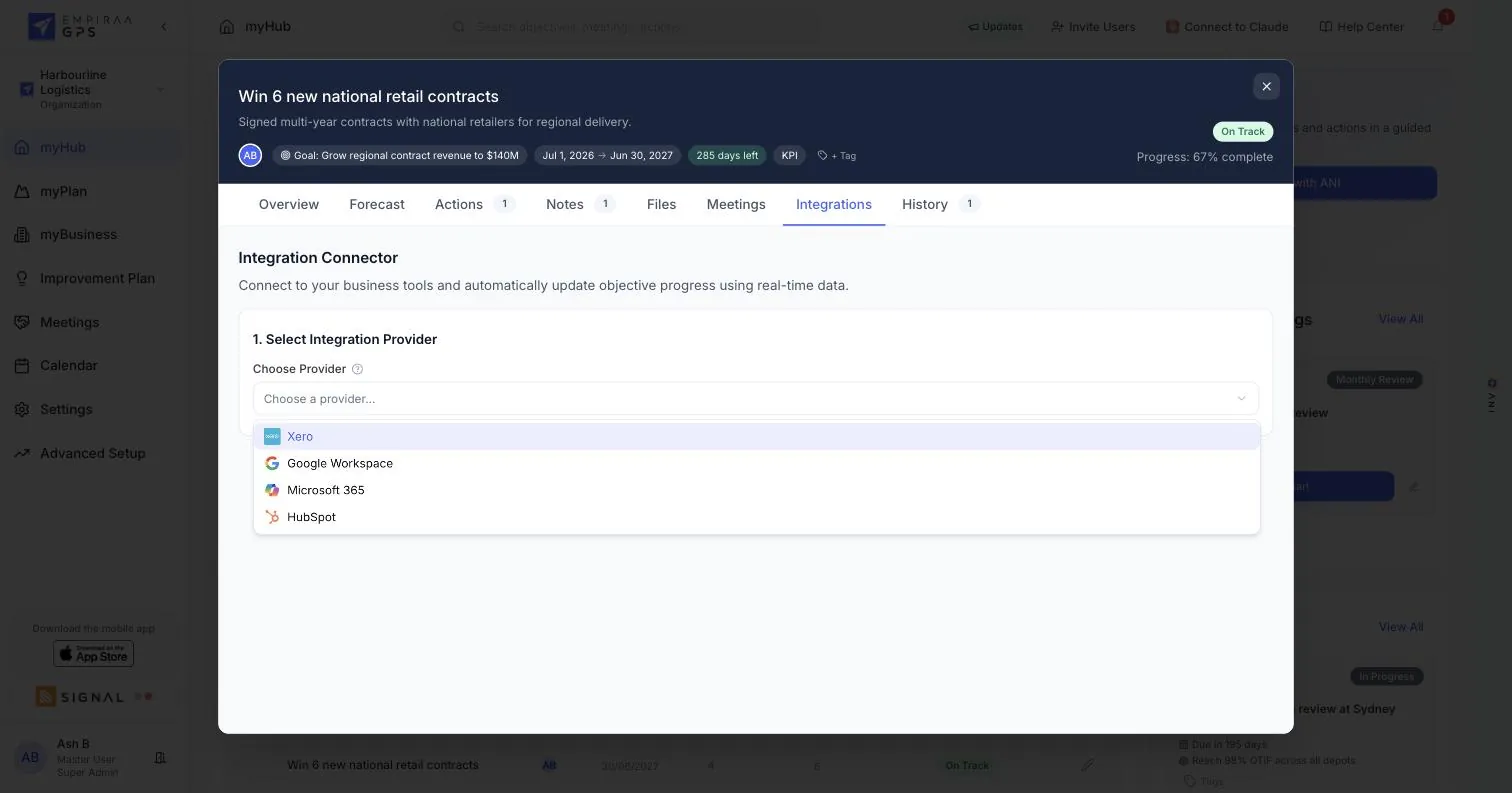 The Integrations tab of an objective in Empiraa GPS choosing a provider, Xero, Google Workspace, Microsoft 365 or HubSpot, to update the measure automatically