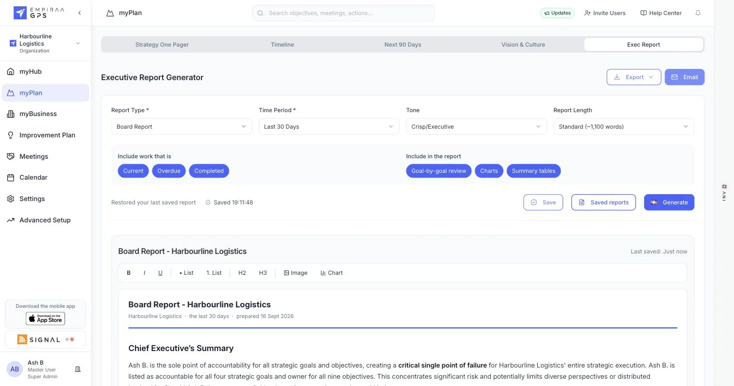 The Exec Report tab in Empiraa GPS with report type, period, tone and length, the sections to include, and the generated board report in an editor