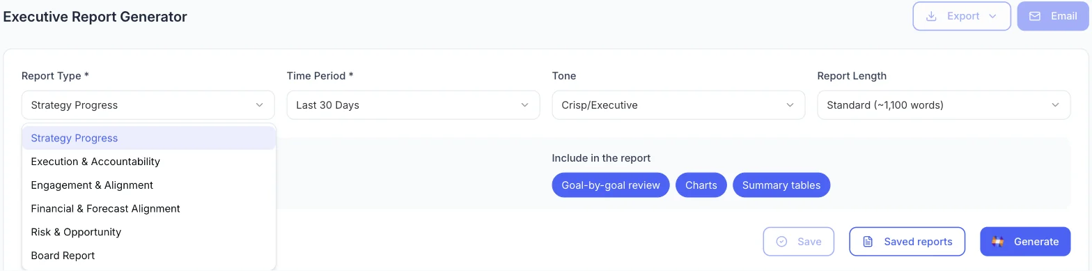 The Empiraa GPS report generator with report type, time period, tone and length, and the sections to include