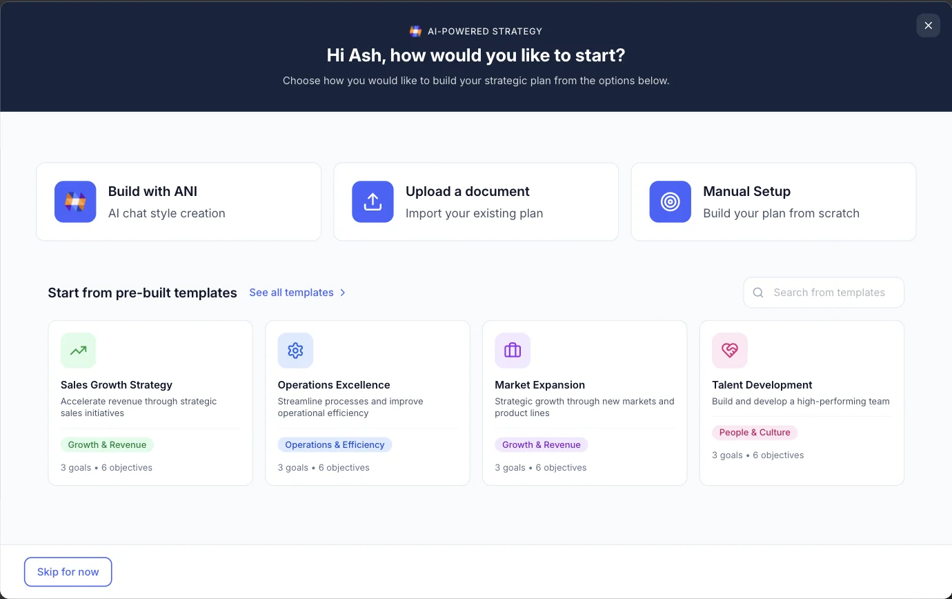 Three ways to start a plan in Empiraa GPS: build with ANI, upload a document or set it up manually, plus strategy templates