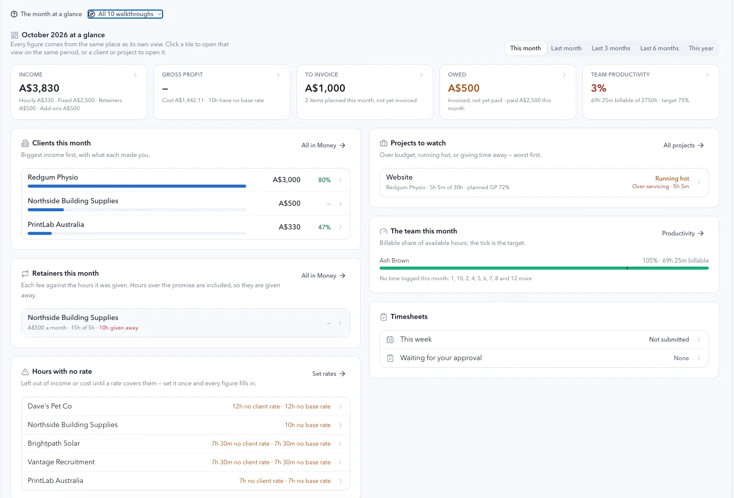 Logging an hour in Empiraa GPS, with the client goal it was for and the work category that decides whether it is billable