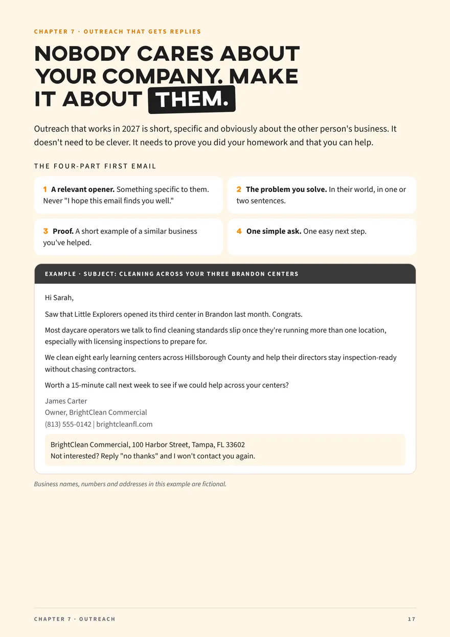 Page 17 of Grow Your Sales in 2027: the four-part structure of a first email that gets replies
