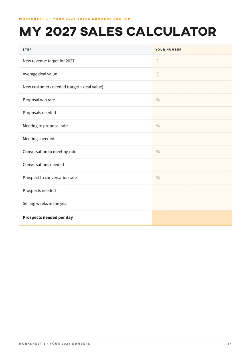 Page 34 of Grow Your Sales in 2027: Worksheet 1, the blank 2027 sales calculator
