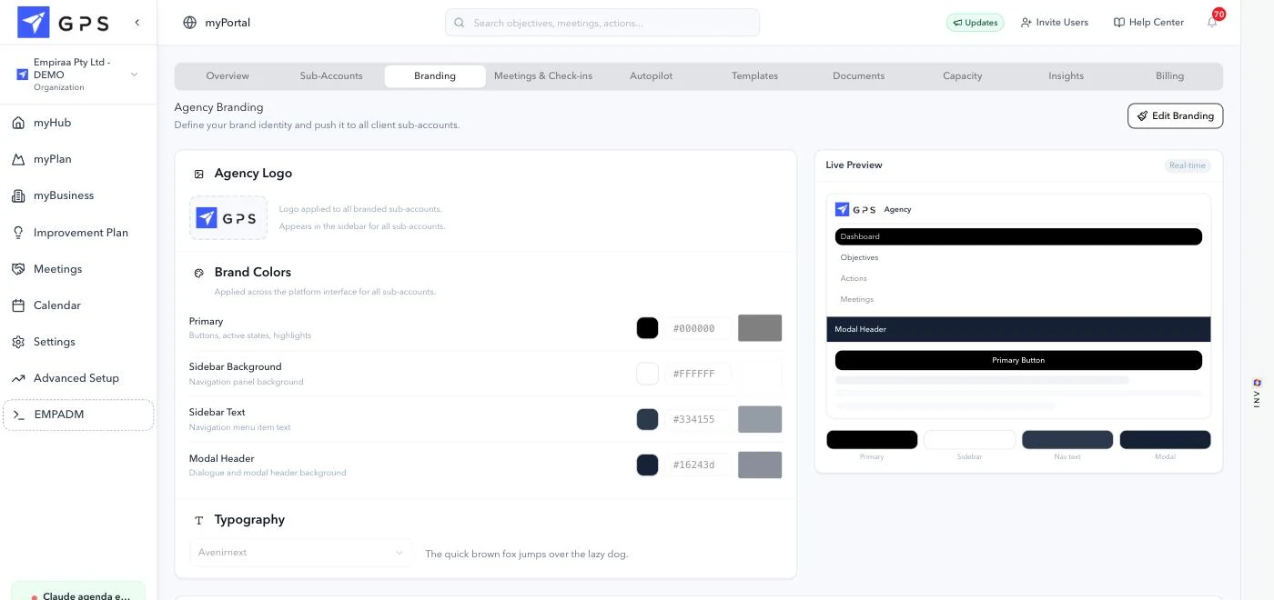 The Agency Branding tab in Empiraa myPortal: the agency logo, four brand colour slots for primary, sidebar background, sidebar text and modal header, the typeface, and a live preview of a client workspace rendered in them