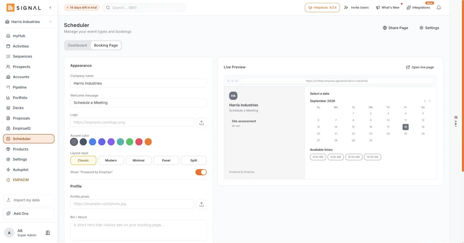 The Empiraa Signal booking page builder with company name, welcome message, accent colour and layout on the left, and a live preview of the booking page with a calendar and available times on the right