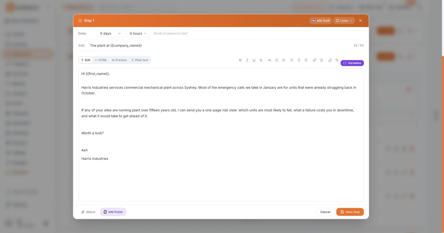 Writing a sequence email in Empiraa Signal, with the delay, a subject line using a company merge field, the body with a first-name merge field, and ANI Draft and ANI Polish