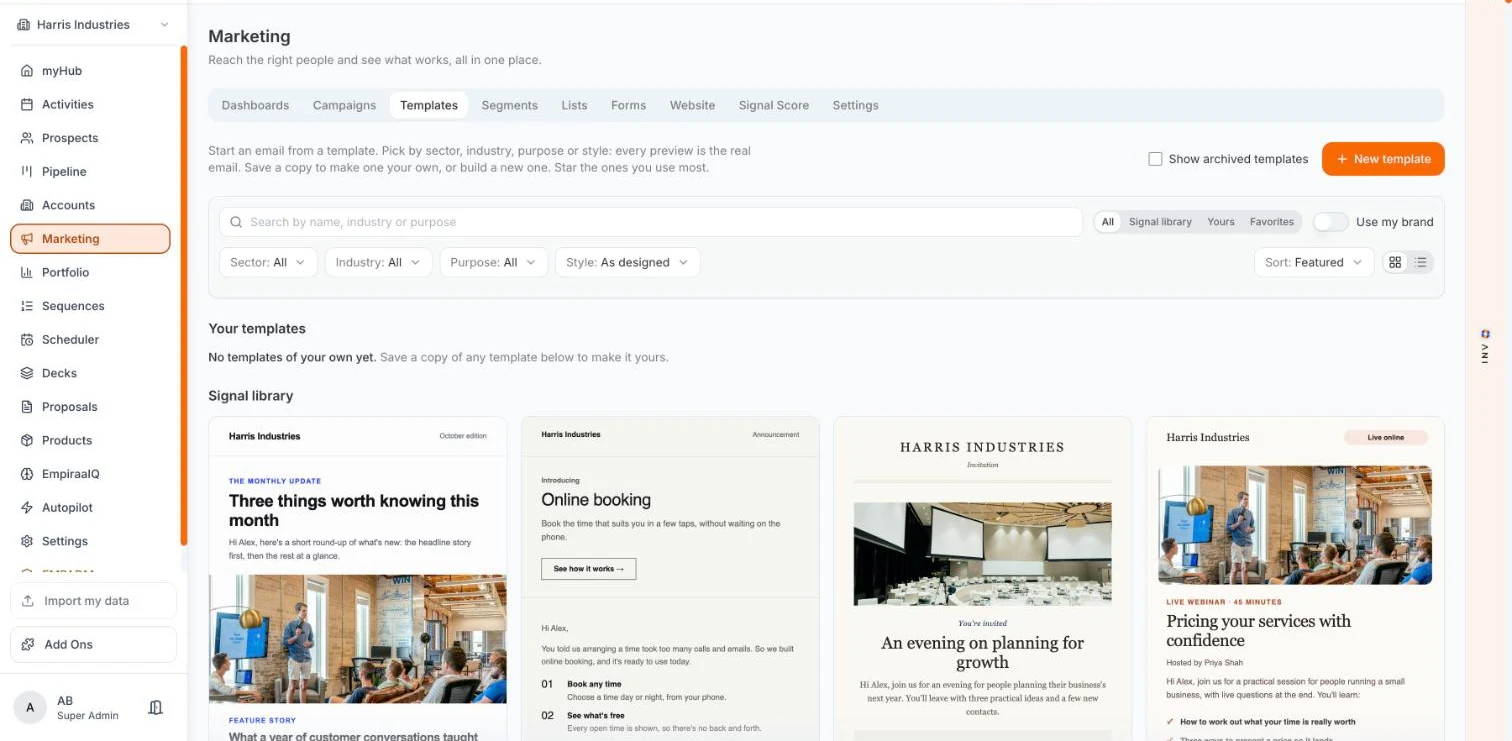 The Empiraa Signal email template library, filtered by sector, industry, purpose and style, with every preview carrying the workspace’s own brand name