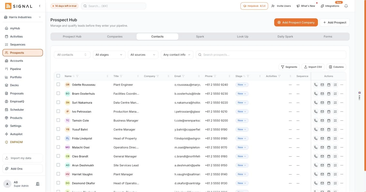 The prospect contact list in Empiraa Signal with name, job title, company, email, phone and stage, and per-row actions to call, email, book or sequence