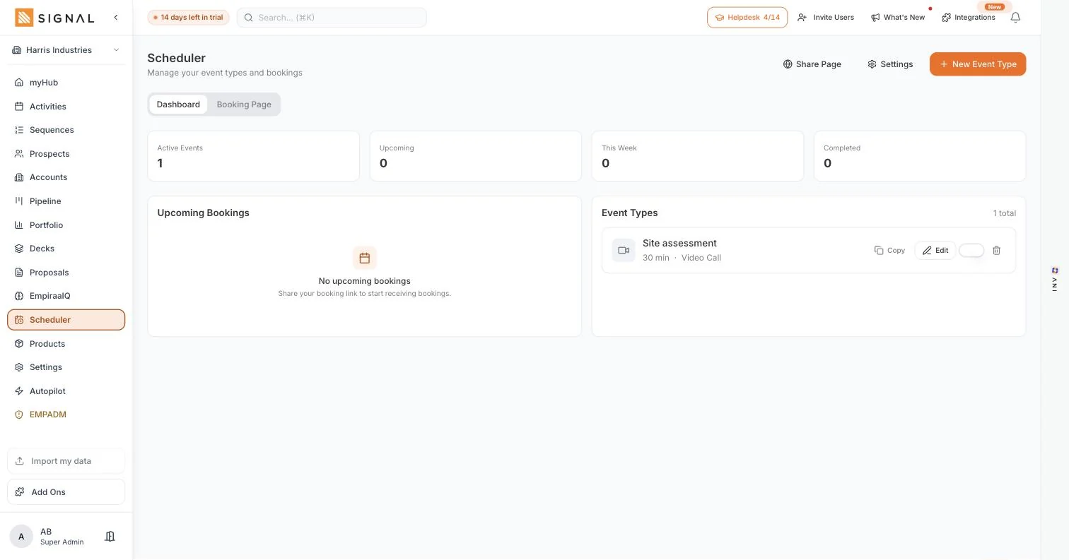 The Empiraa Signal scheduler dashboard with active event types, upcoming bookings and a thirty-minute site assessment event type