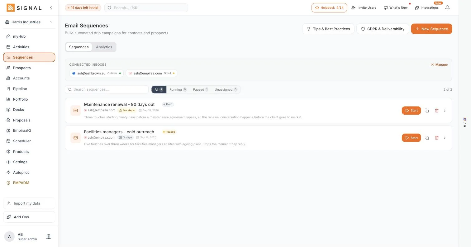 The Empiraa Signal email sequences screen listing a cold outreach sequence and a renewal sequence with their status, sending inbox and step count