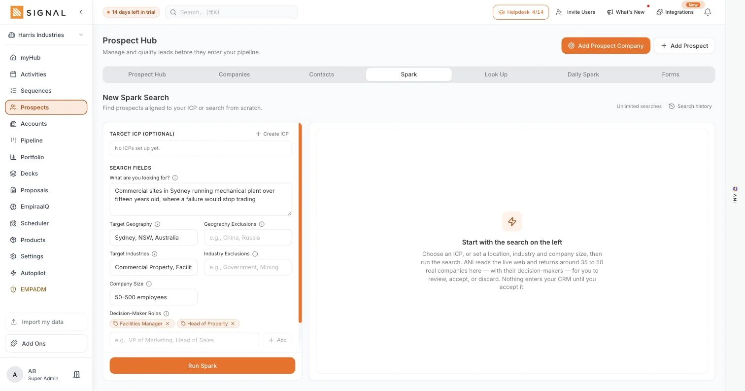 A Prospect Spark search in Empiraa Signal set to commercial sites in Sydney running plant over fifteen years old, with target geography, industries, company size and decision-maker roles